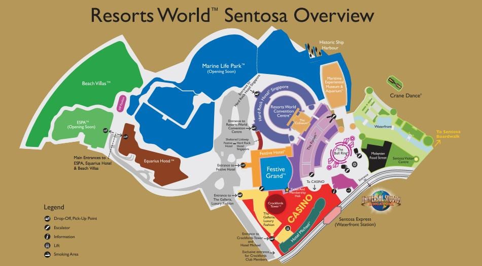 კურორტები მსოფლიოს Sentosa რუკა